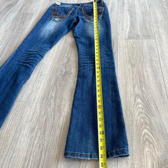 Y2K Low Rise Flare Blue Jeans with Brown Embroidery Coastal Cowgirl Denim Retro - Picture 7 of 8
